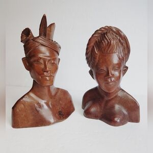 Vintage Large Hand-Carved Hard Wood Bali Man & Woman Indonesia Set of 2